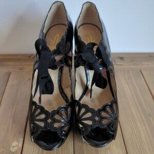 Black Patent Leather Tear Drop Scalloped Edge Open Toe Heels